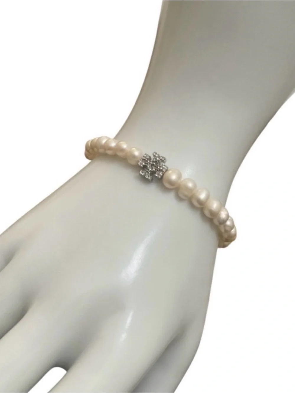 Tory Burch White Freshwater Pearl Bracelet with Crystal Logo Accent